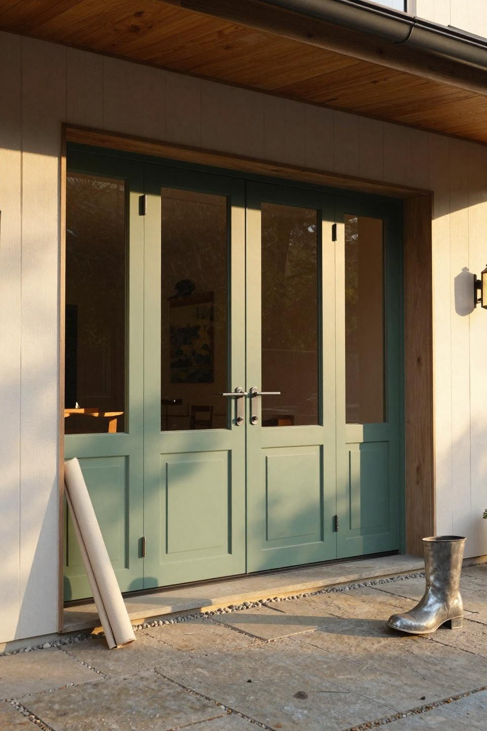 Large Front Doors Entrance - sage green with beveled glass sidelites