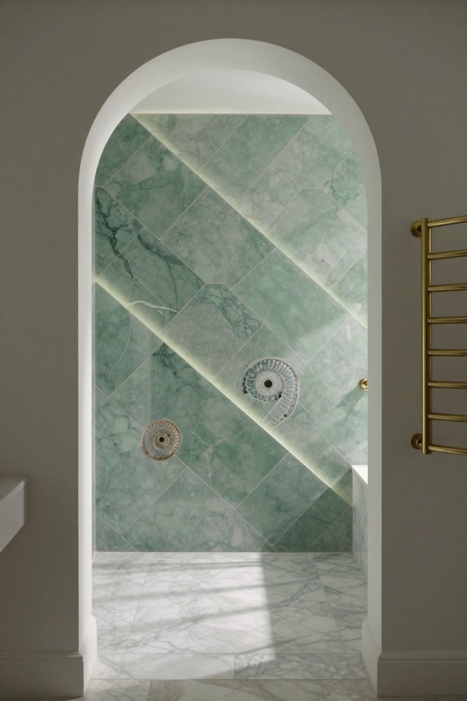 Bathroom Tiles Combination - sage green hexagonal tiles with Carrara marble