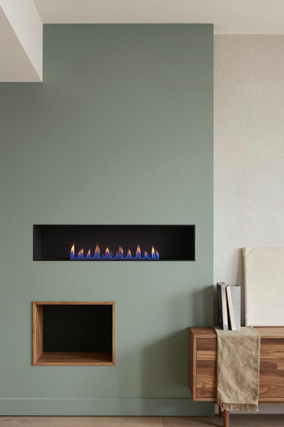 Tv And Fire Wall Ideas Living Room - sage-green alcove oak-framed TV
