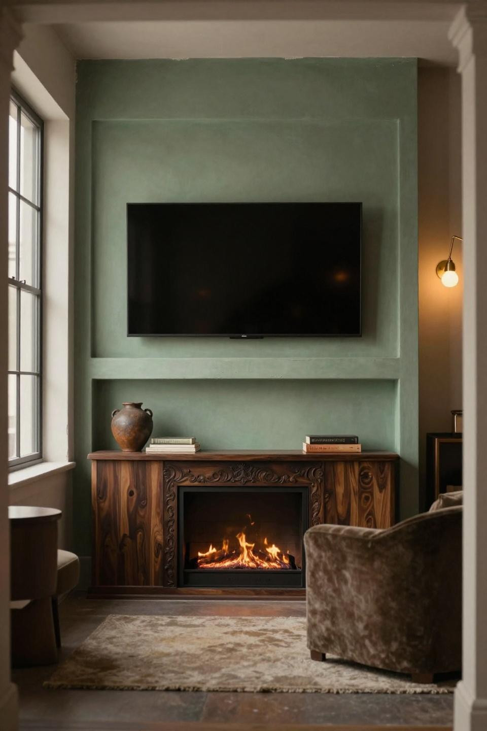 Tv Wall With Fireplace Modern - sage-green limewash recessed niche