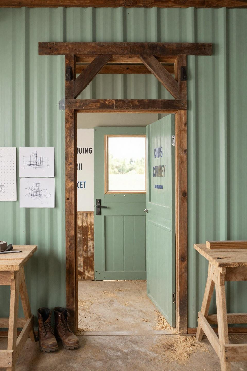Small barn plans - sage green pole barn DIY workshop