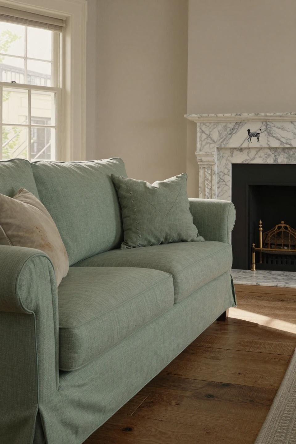 Cosy Cottage Living Room - sage-green linen sofa with Carrara marble fireplace