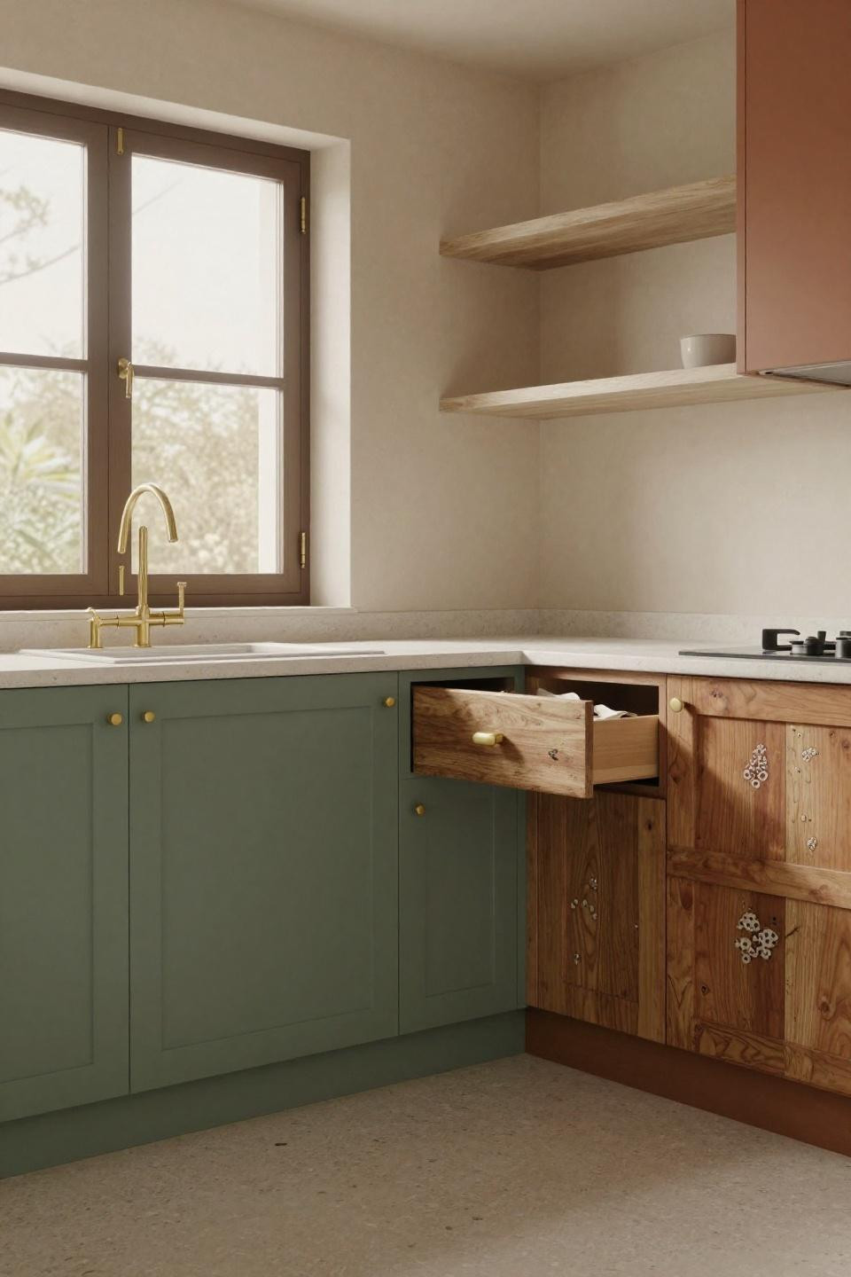 sage green, terracotta, and bleached oak kitchen cabinet combination