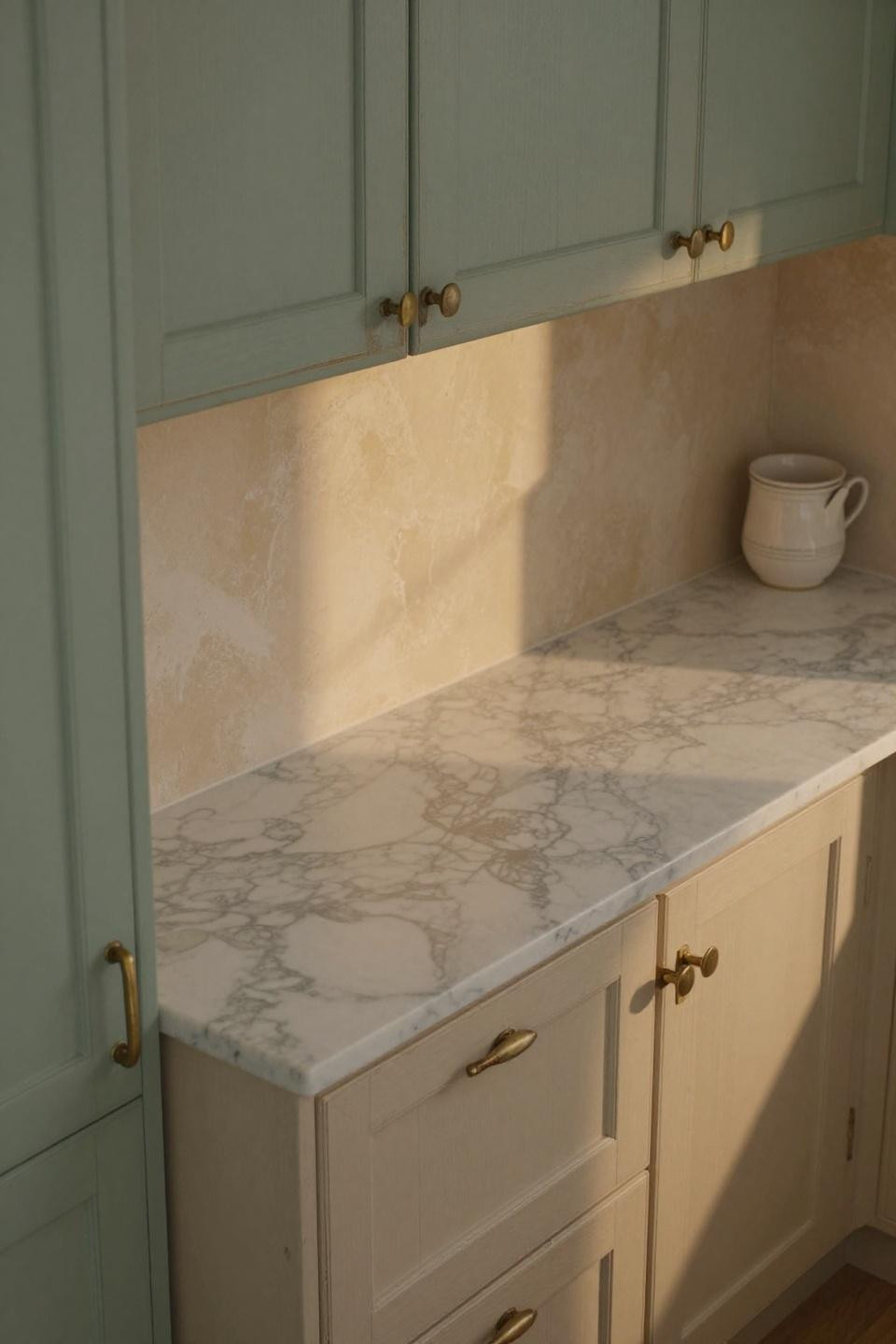 weathered sage green and vanilla kitchen cabinets with brass hardware