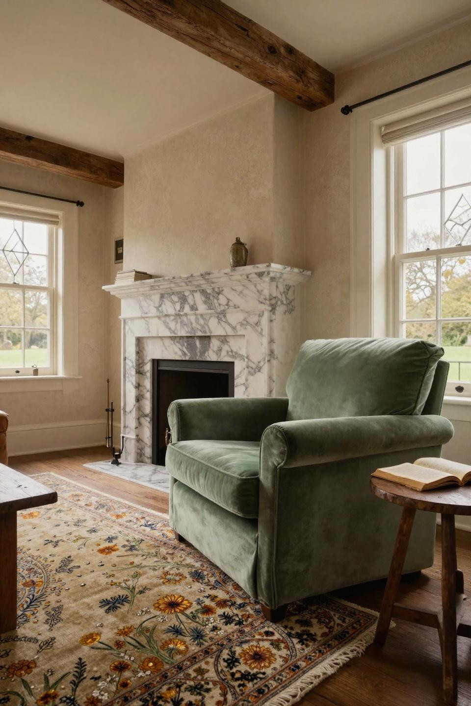 Cosy Cottage Living Room - sage green velvet armchair with Calacatta marble