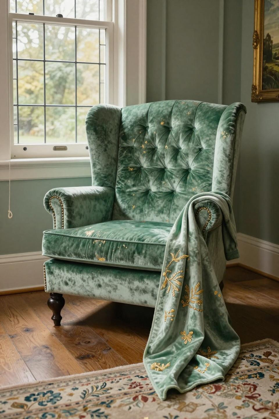 Cosy Cottage Living Room - sage green mohair wingback with gold leaf threads