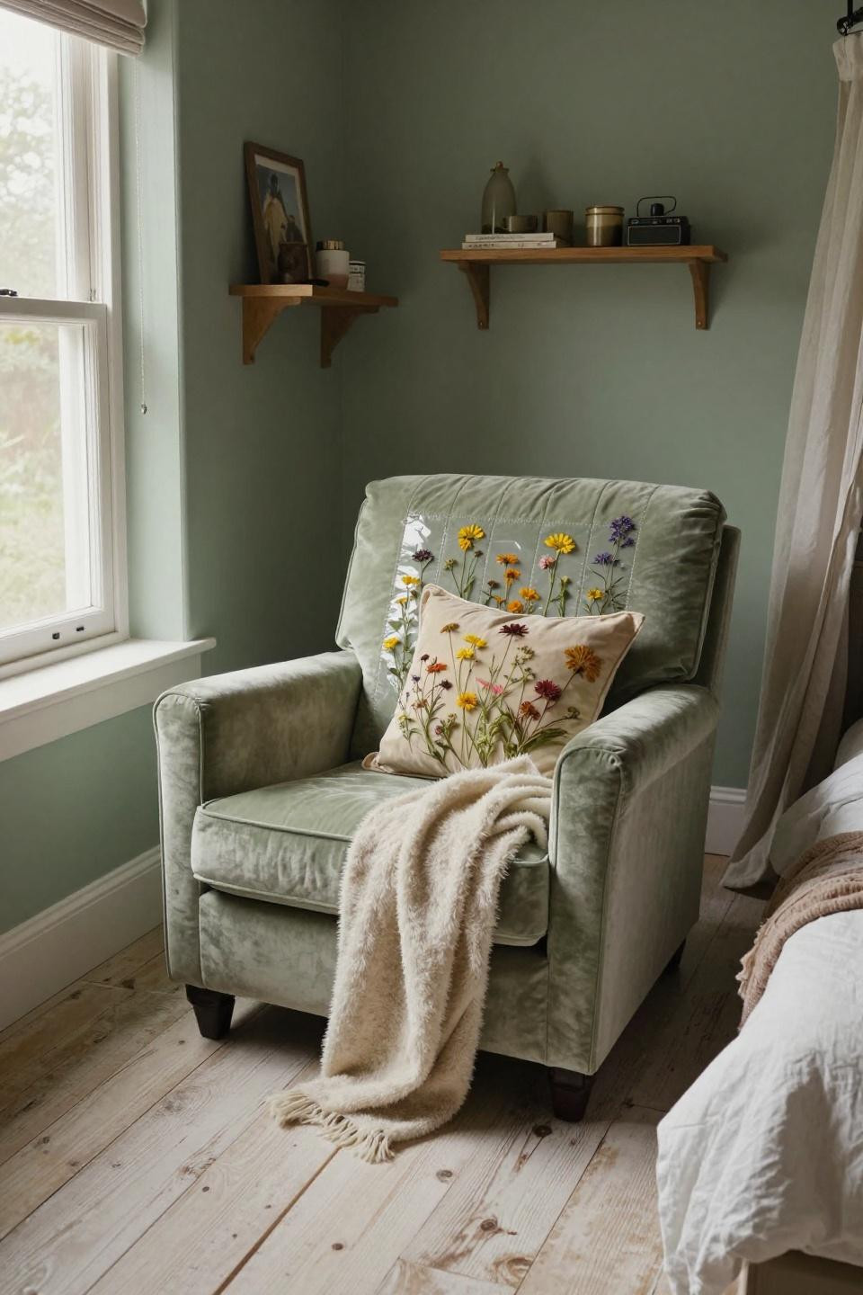 Cozy Teen Bedroom Ideas - sage velvet armchair with wildflower petals
