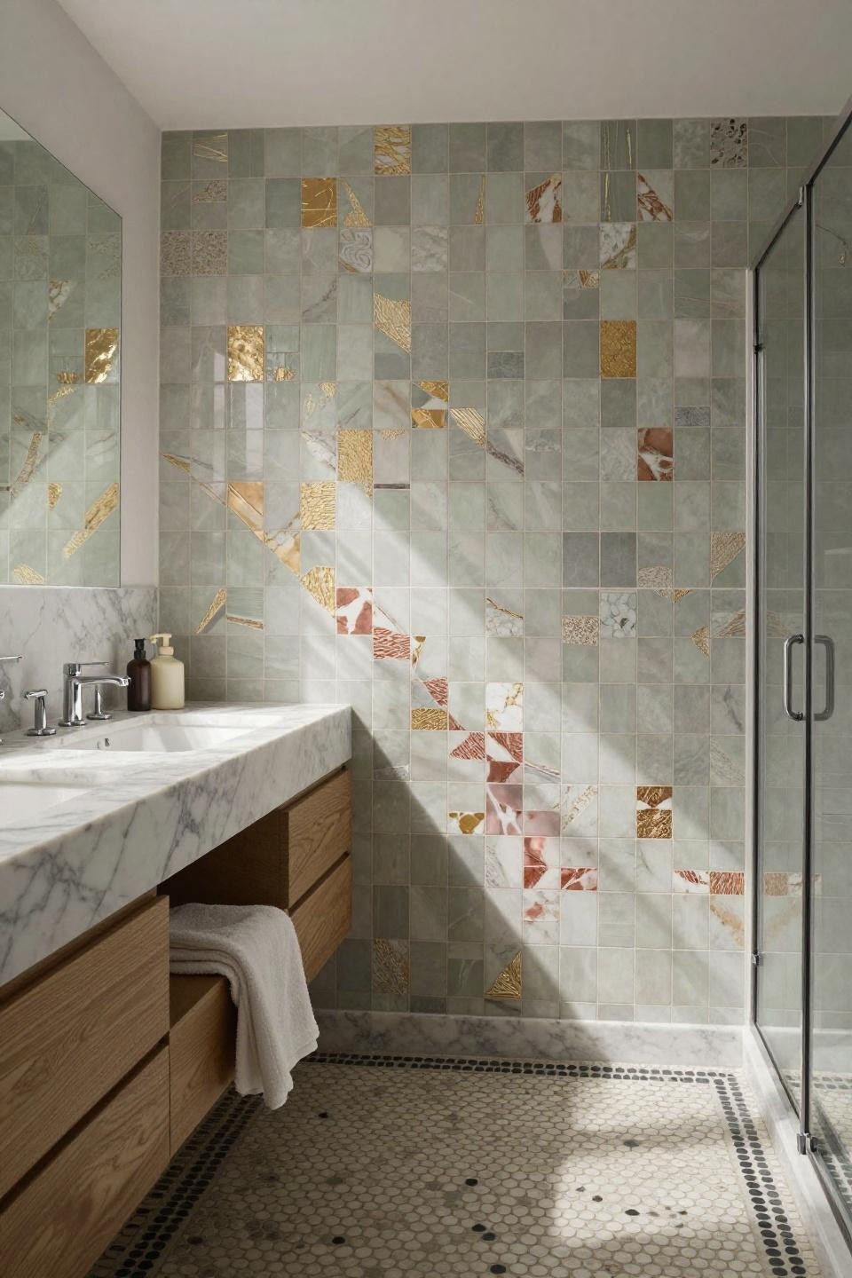 Bathroom Inspo - handcrafted sage zellige with Calacatta marble countertop