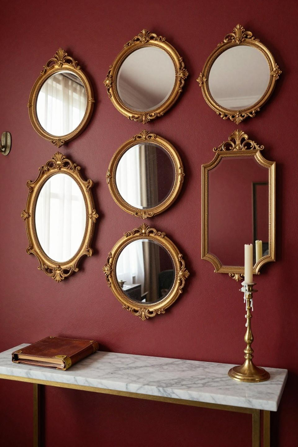 Mirror Wall Decor - ornate gold mirrors on burgundy limewash wall