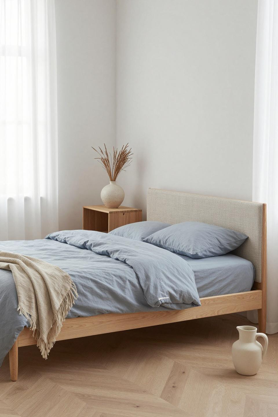 Japandi Bedroom - Scandinavian ash wood floating bed frame