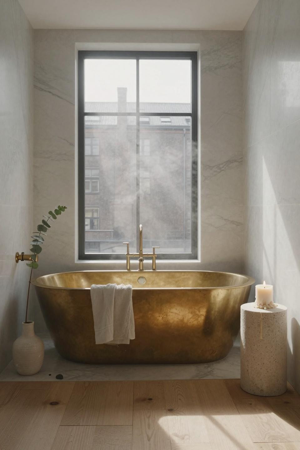 Danish Bathroom - brass freestanding tub in Copenhagen penthouse