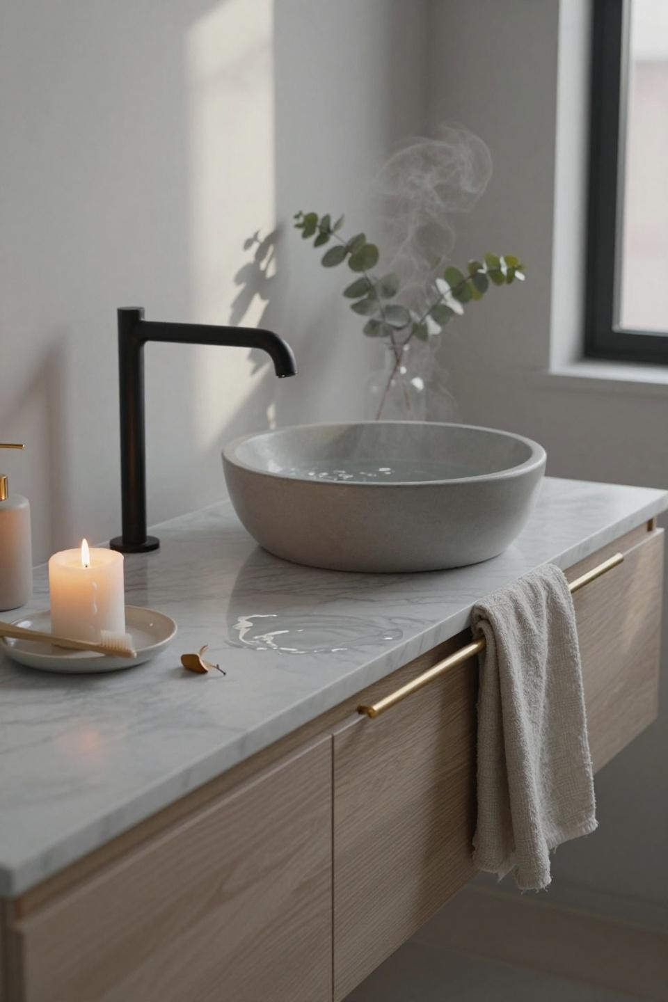 Minimalism Bathroom - concrete vessel sink on marble counter