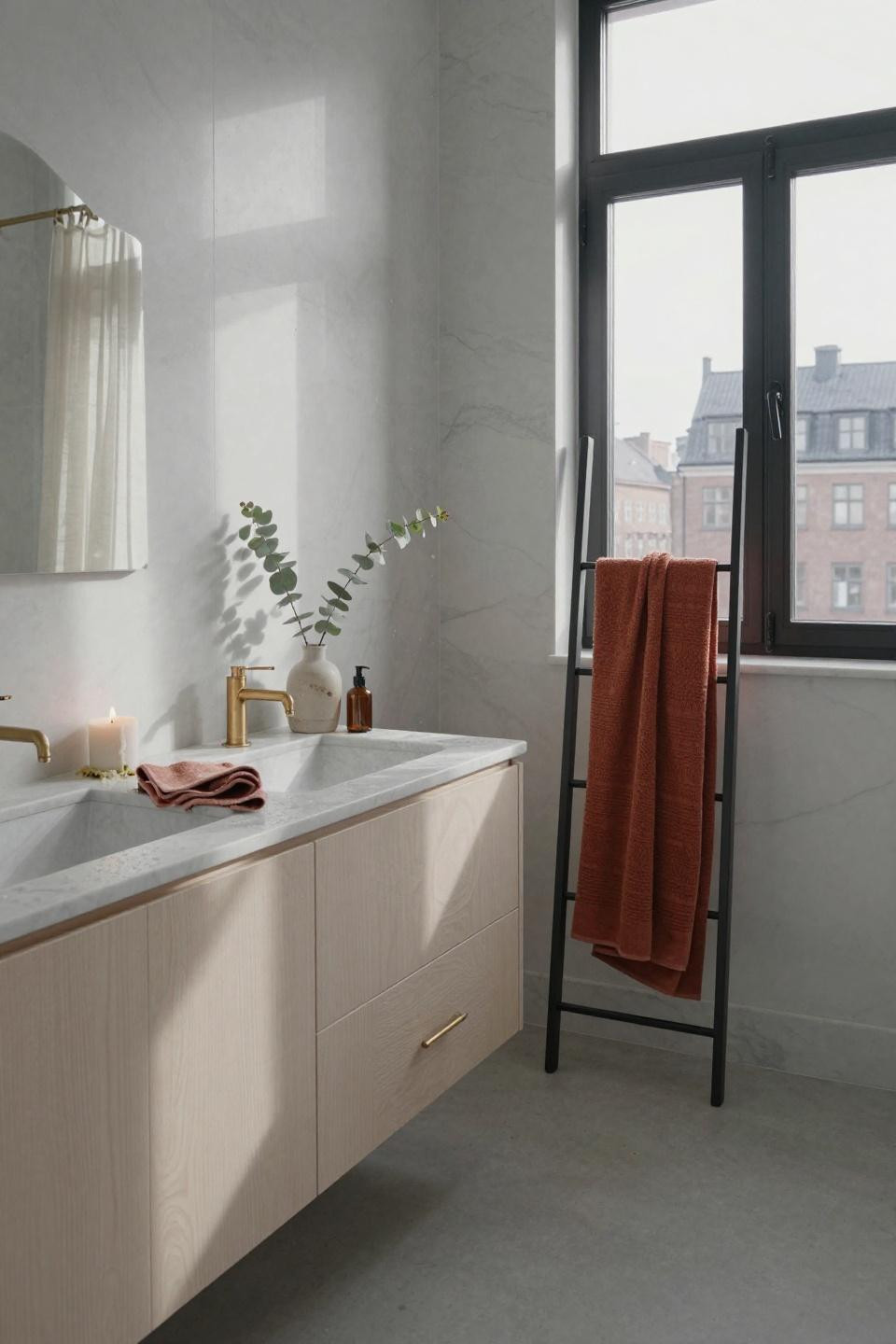 Nordic Bathroom Scandinavian Style - Carrara marble with oak vanity