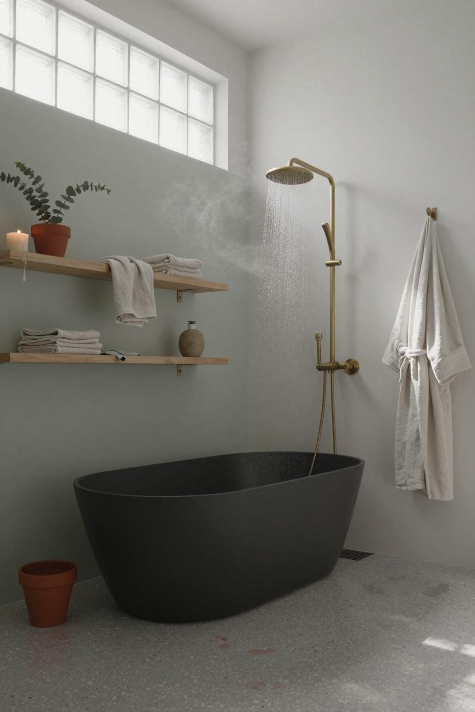 Minimalism Bathroom - soft sage wall with terrazzo flooring