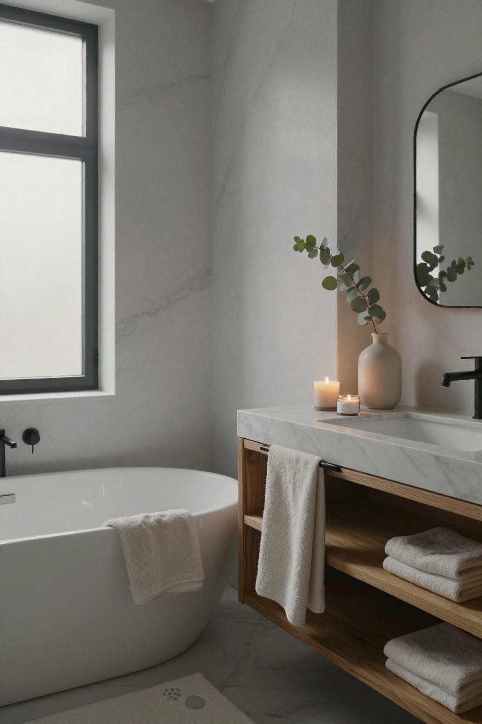 Nordic Bathroom Scandinavian Style - open oak shelving with linen towels