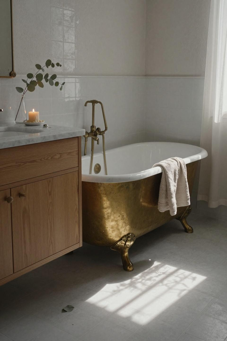 Scandi Bathroom Ideas - unlacquered brass tub with limewash walls