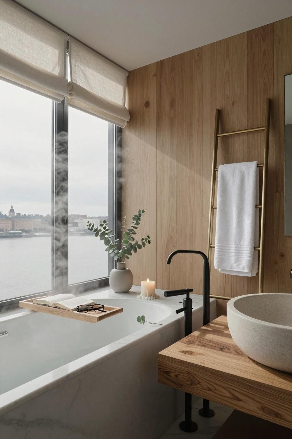 Modern Scandinavian Bathroom - blonde oak with Carrara marble
