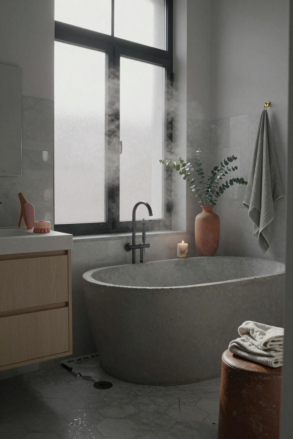 Small Scandinavian Bathroom - hand-troweled concrete soaking tub