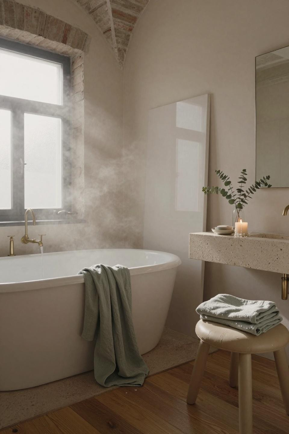 Bathroom Aesthetic - Scandinavian bathroom with exposed brick and freestanding tub