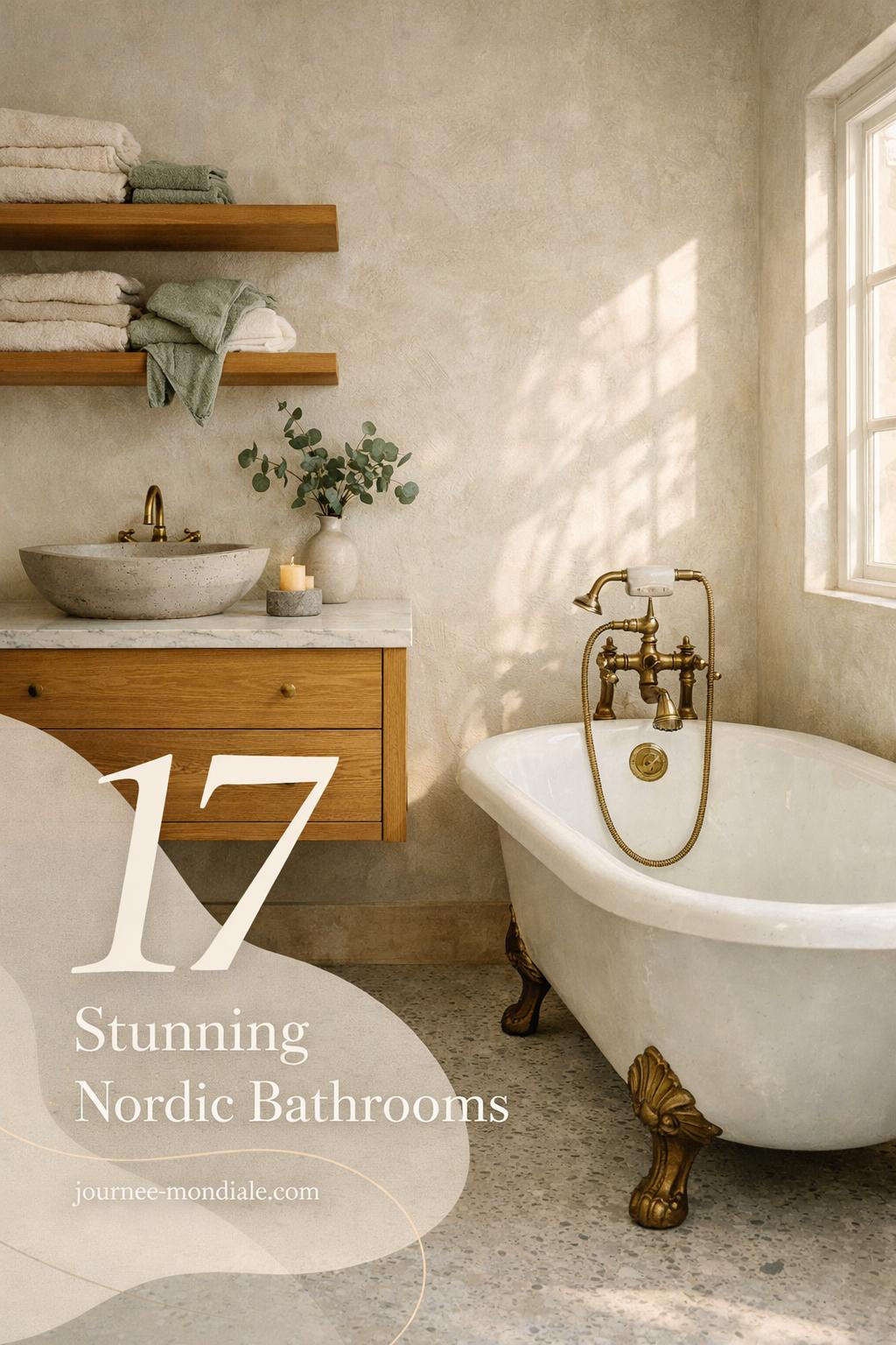 Serene Nordic bathroom featuring vintage clawfoot tub, honey oak floating vanity, terrazzo flooring, and eucalyptus decor