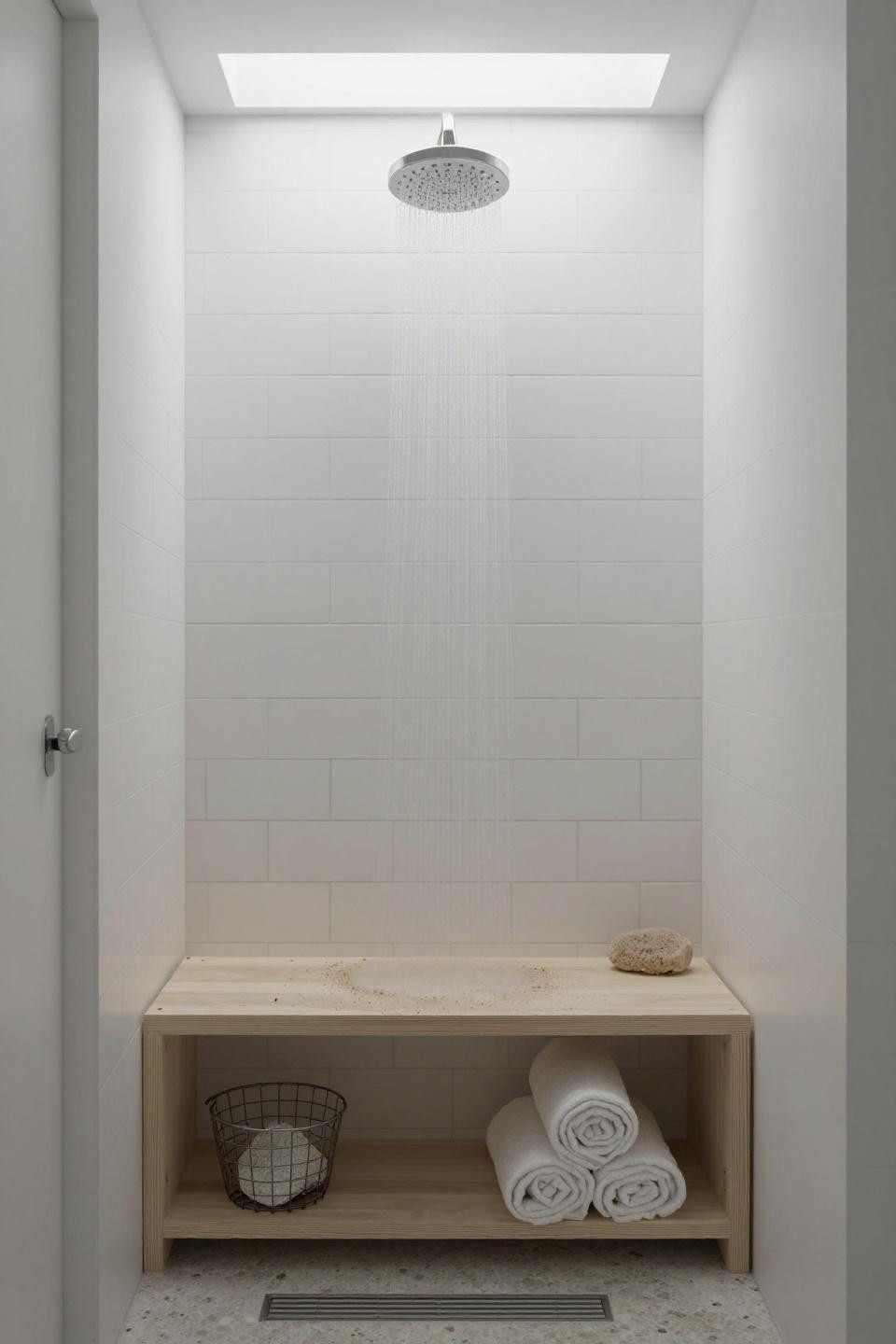 Enclosed Shower Ideas - minimalist birch bench white subway tile