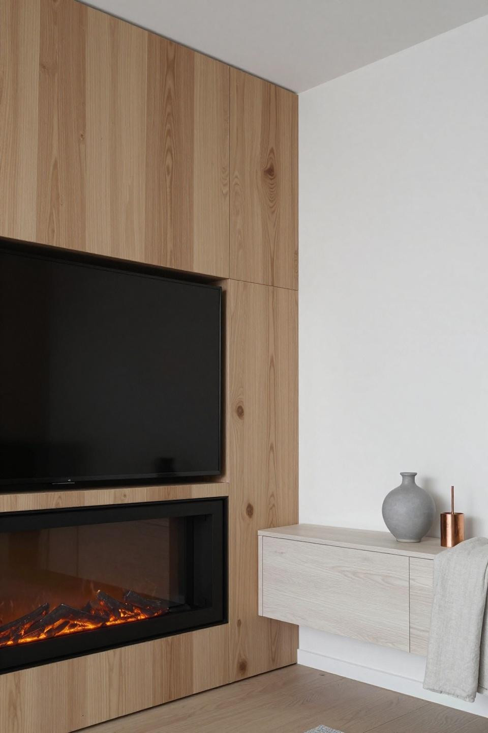 Fire And Tv Wall Built Ins - floating birch plywood media wall