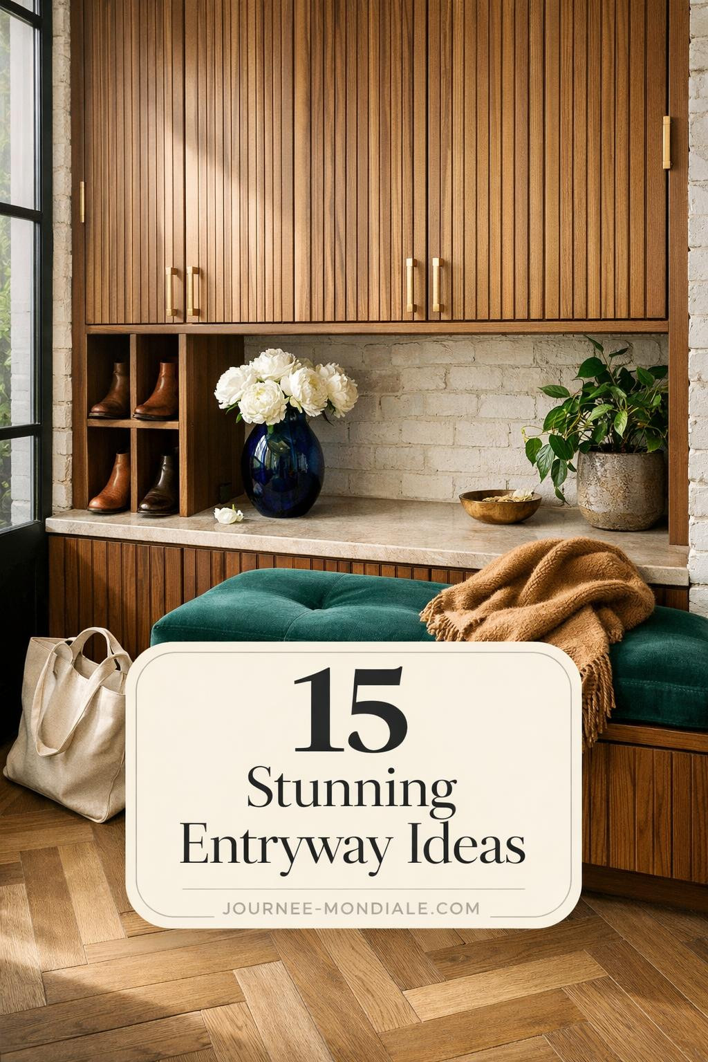 Walnut fluted shoe storage cabinet with emerald velvet bench, brass hardware, herringbone floors, and white peonies