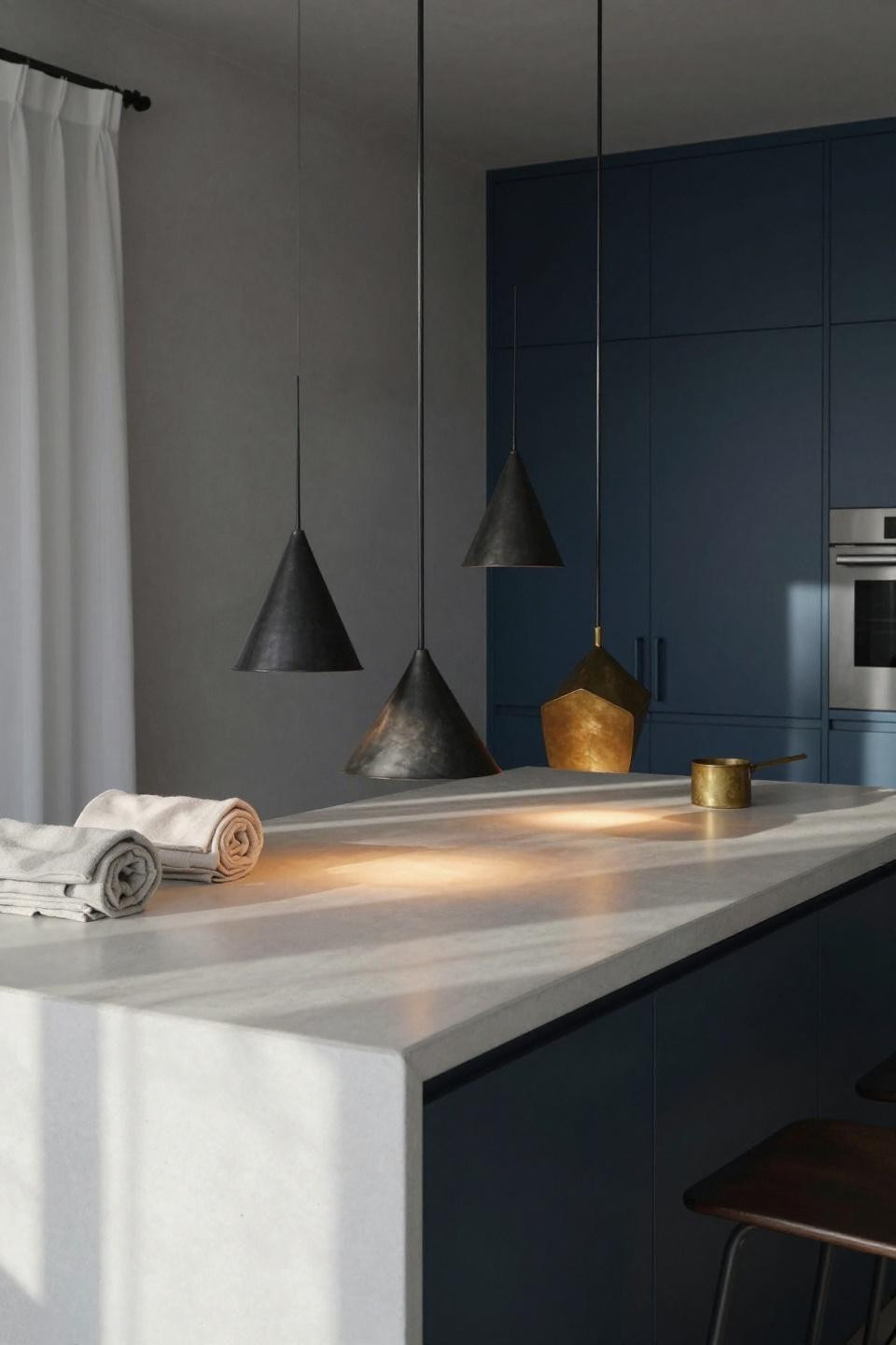 Modern Kitchen Design - asymmetrical brass pendants over concrete countertop