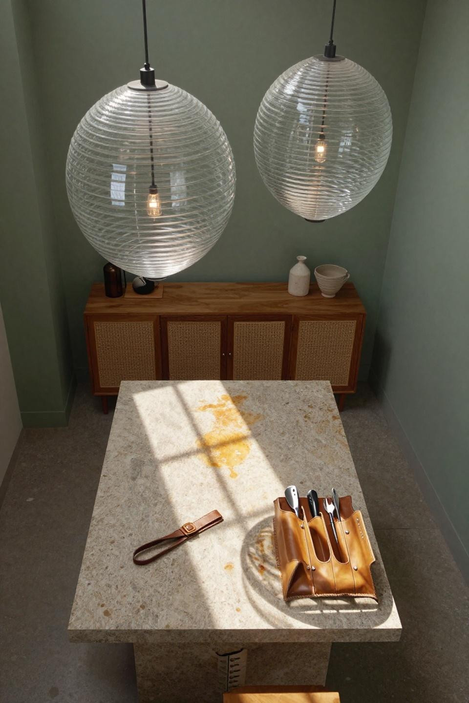 Modern Kitchen Design - ribbed glass dome pendants over limestone island