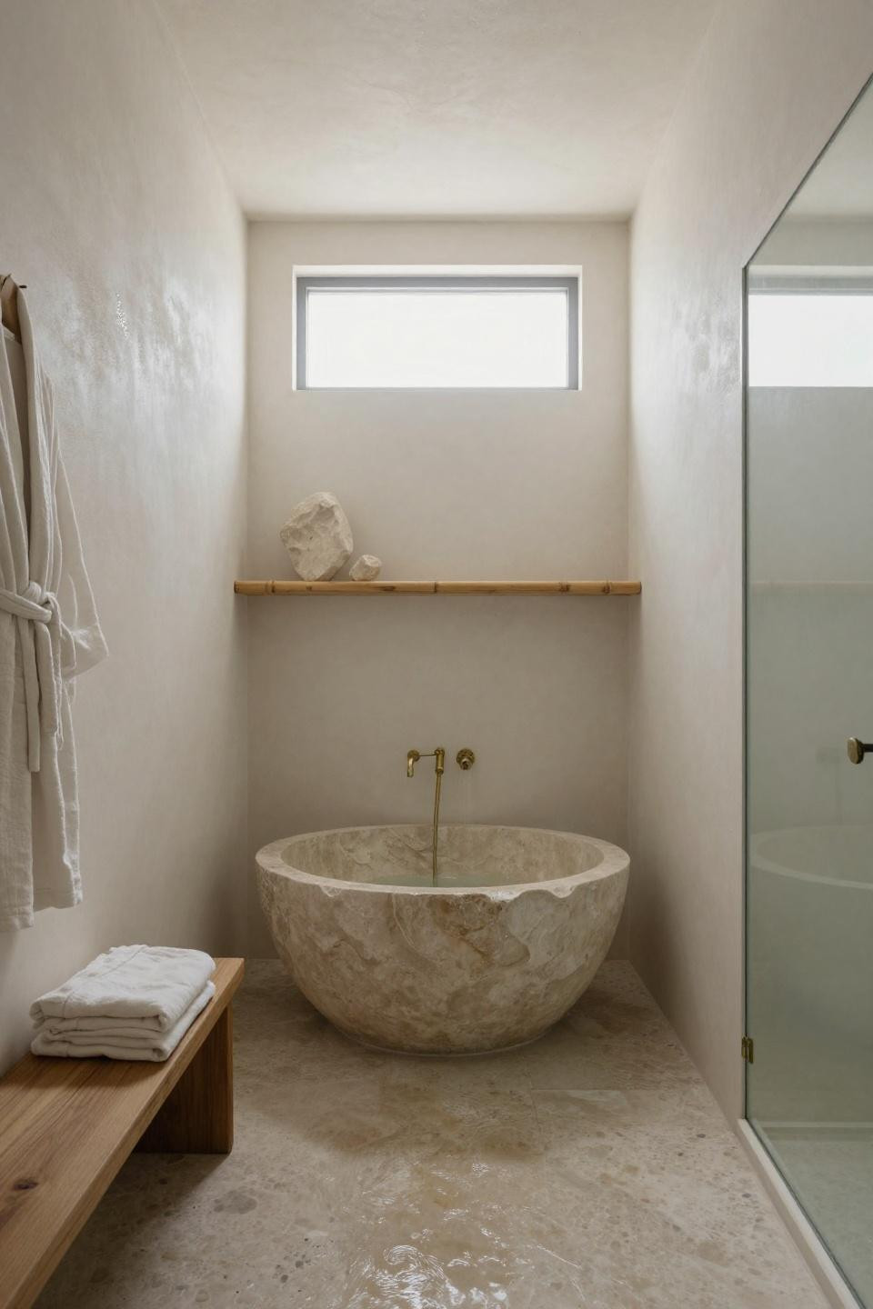 Natural bathroom design - sculptural stone soaking vessel in wetroom