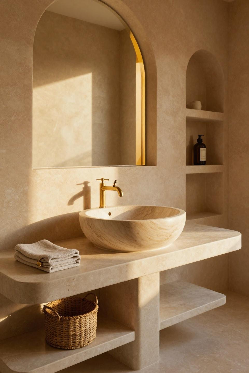 Neutral Bathroom Ideas - sculptural travertine floating vanity