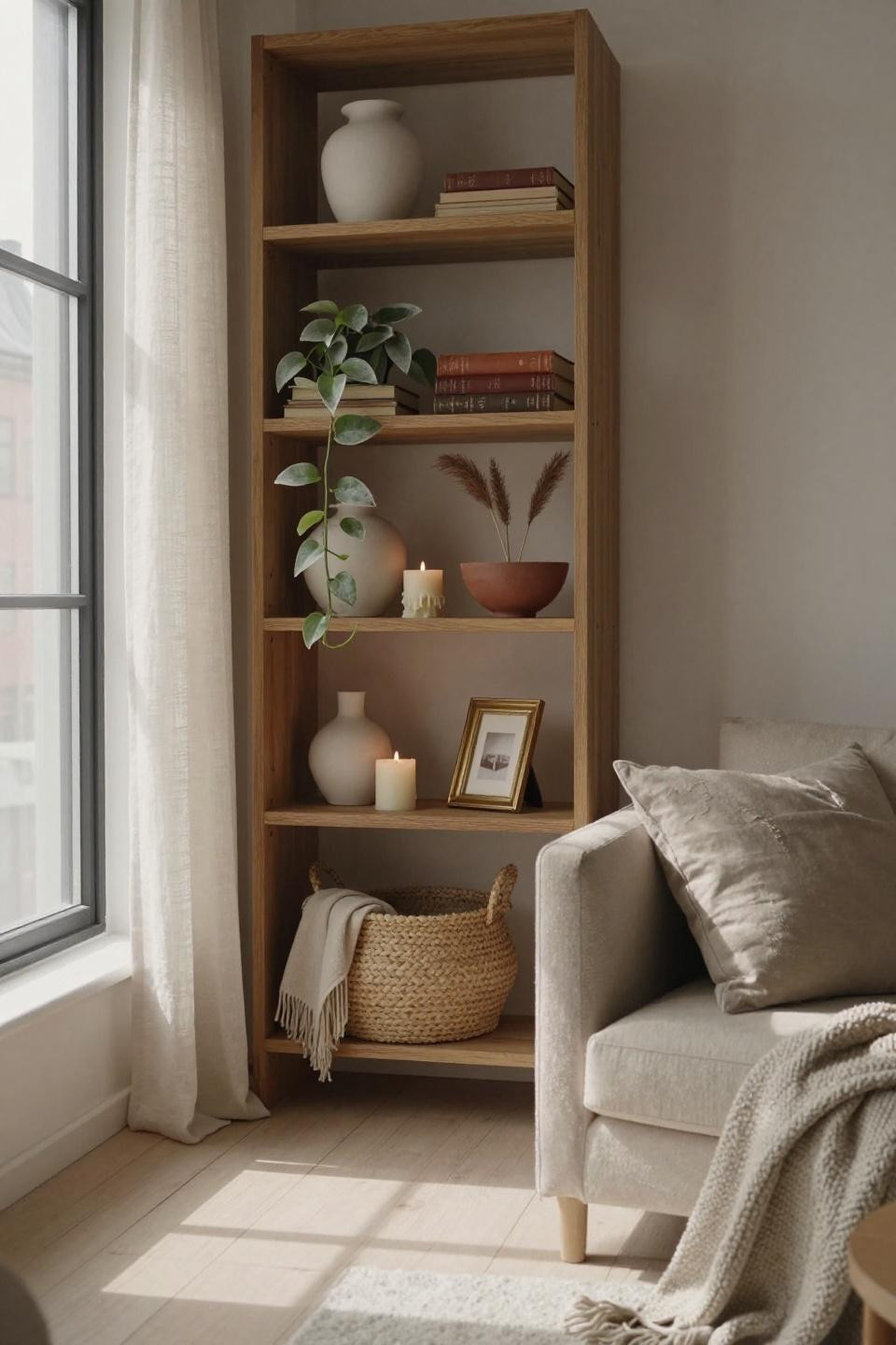 Shelf Styling Living Room - asymmetric oak shelving with ceramic vessels