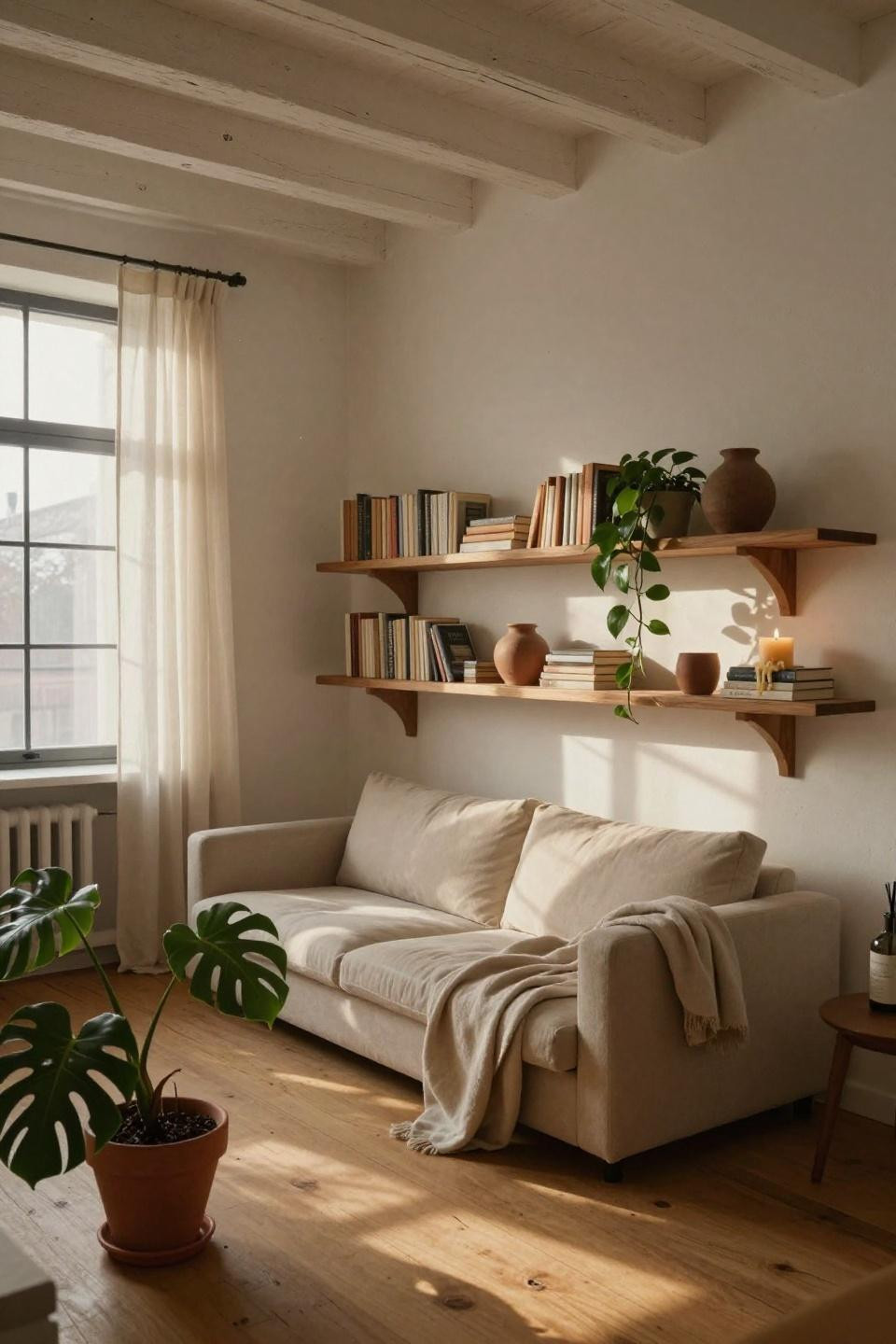 Cosy Living Room Ideas - walnut shelves with cashmere throw