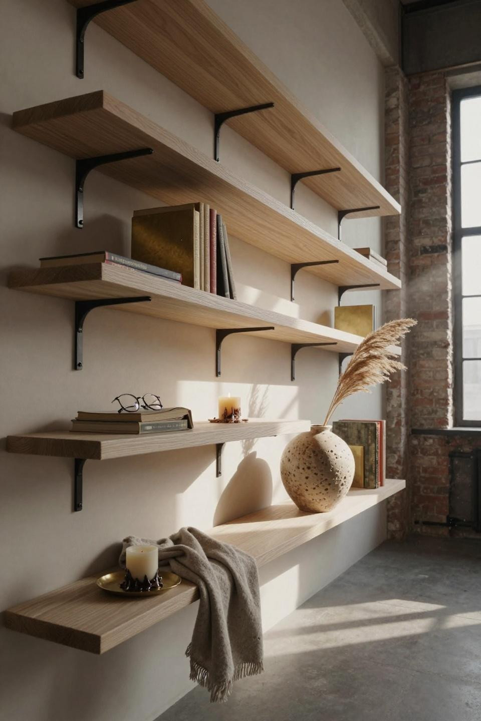 Living Room Shelving Ideas - asymmetric oak shelves with brass bookends