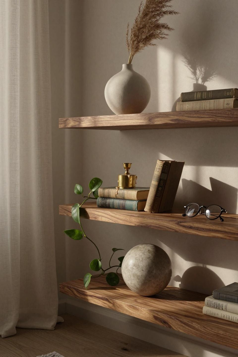 Wall Shelf Ideas - tight detail of walnut floating shelves