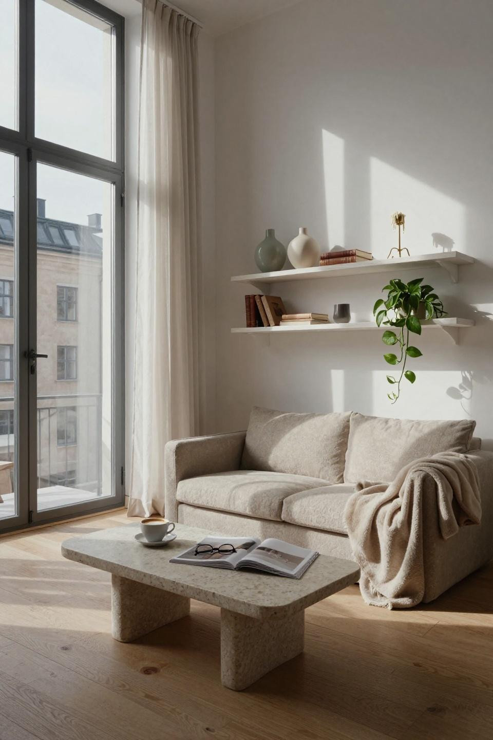 Scandinavian Living Room - white oak shelves with trailing plants