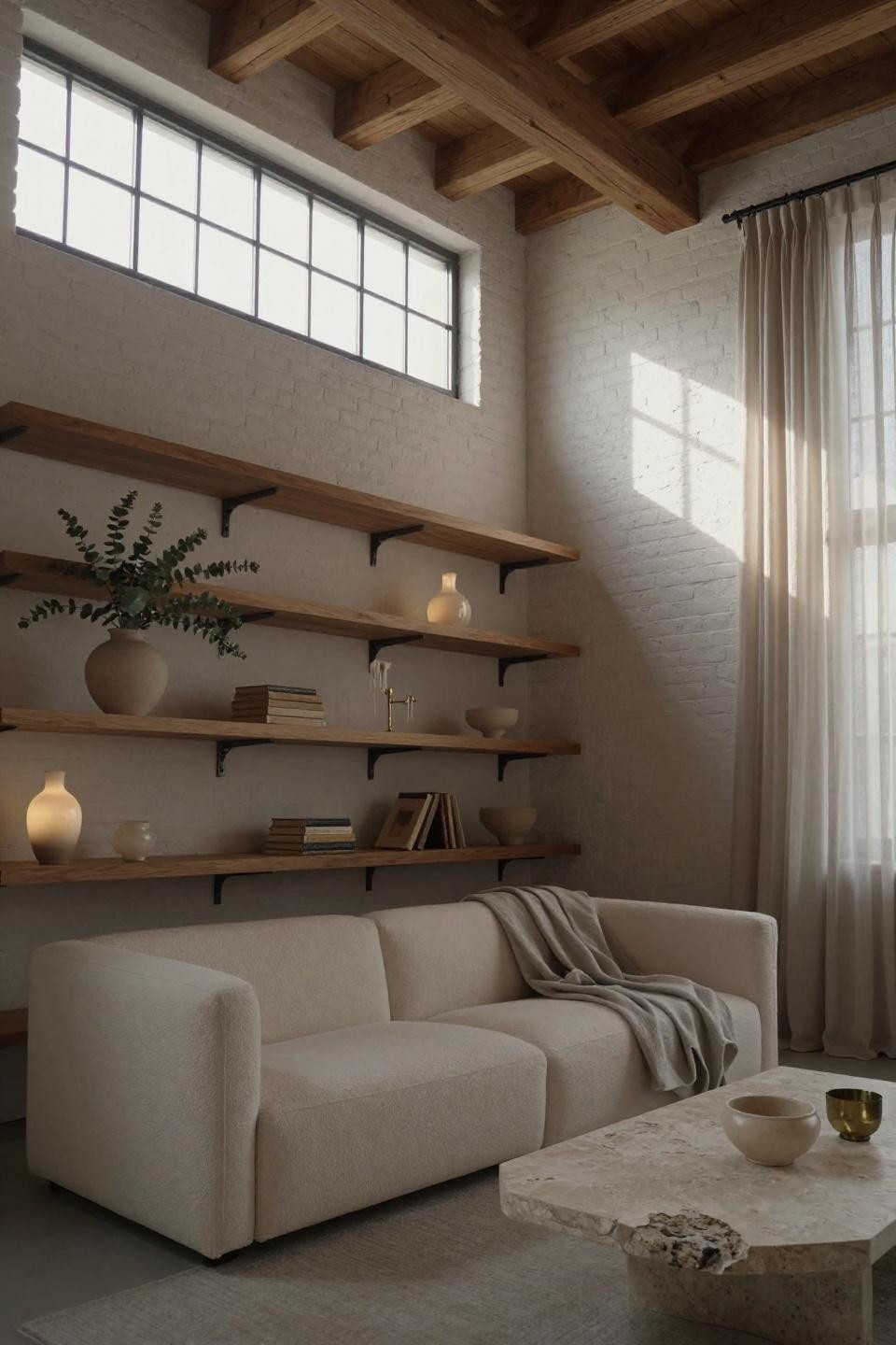 Aesthetic Living Room - curated shelving with travertine coffee table