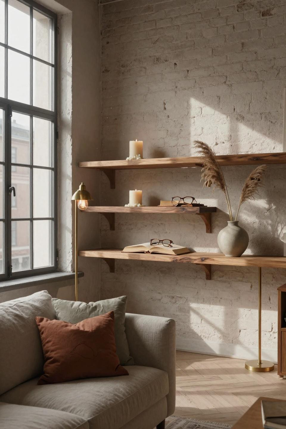 Floating Shelf Decor - live-edge walnut with brass accents