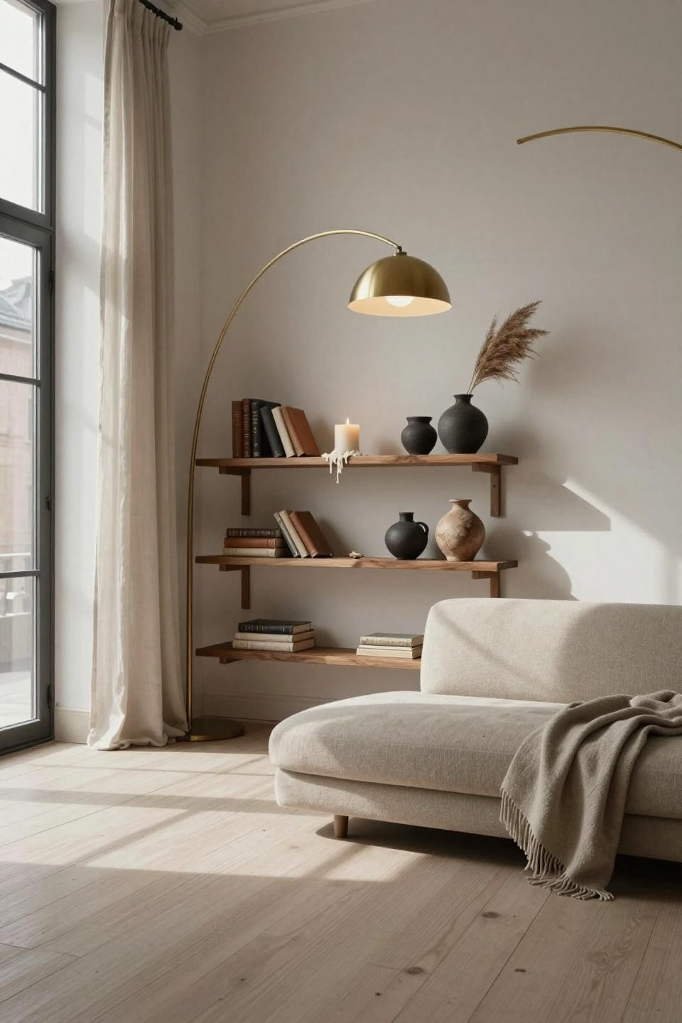 Small Living Room Decor - floating walnut shelves in compact space