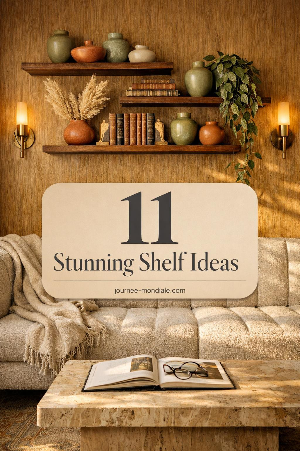 Asymmetric floating walnut shelves styled with ceramic vessels, vintage books, pampas grass above oatmeal bouclé sofa