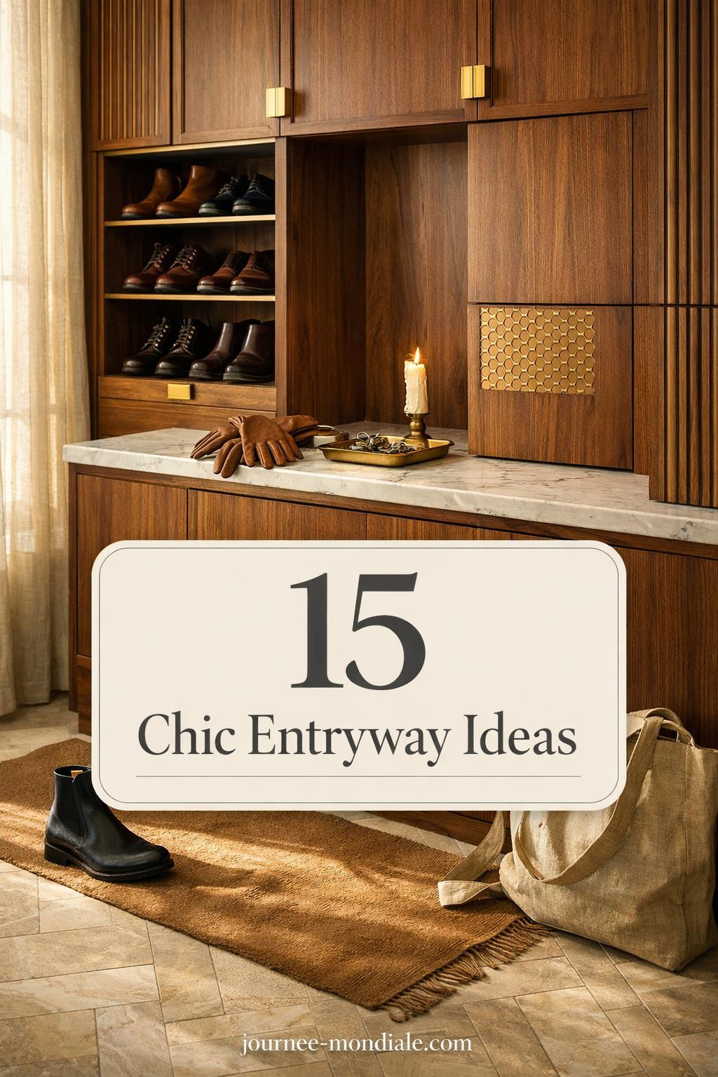 Elegant entryway with floor-to-ceiling walnut shoe storage cabinet featuring brass hardware, Carrara marble top, chevron limestone flooring, and natural morning light