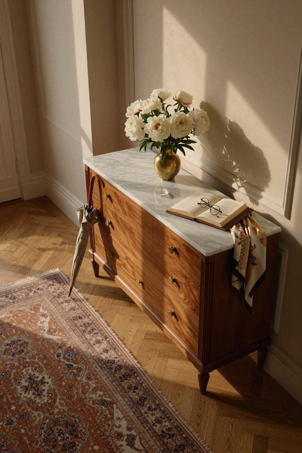 Entryway Ideas With Shoe Storage - walnut cabinet with Carrara marble top