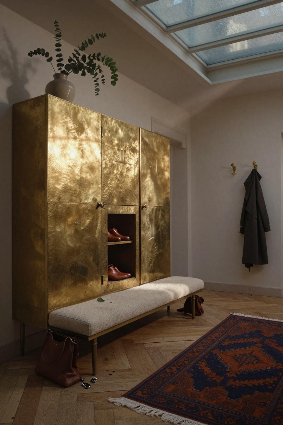 Front Door Shoe Storage Entryway - unlacquered brass cabinet with geometric patterns
