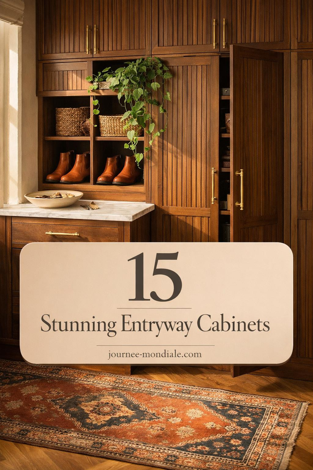 Sophisticated entryway featuring floor-to-ceiling walnut shoe cabinet with brass hardware, marble top, herringbone floors