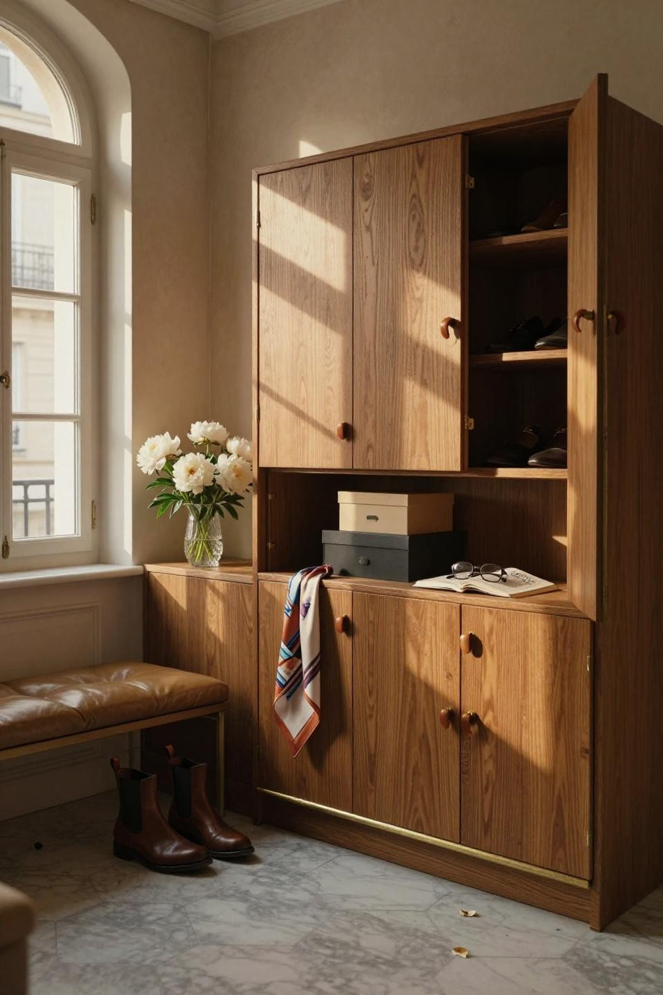 Shoes Cabinet Design Entrance Entryway - modular honey oak system with brass hardware
