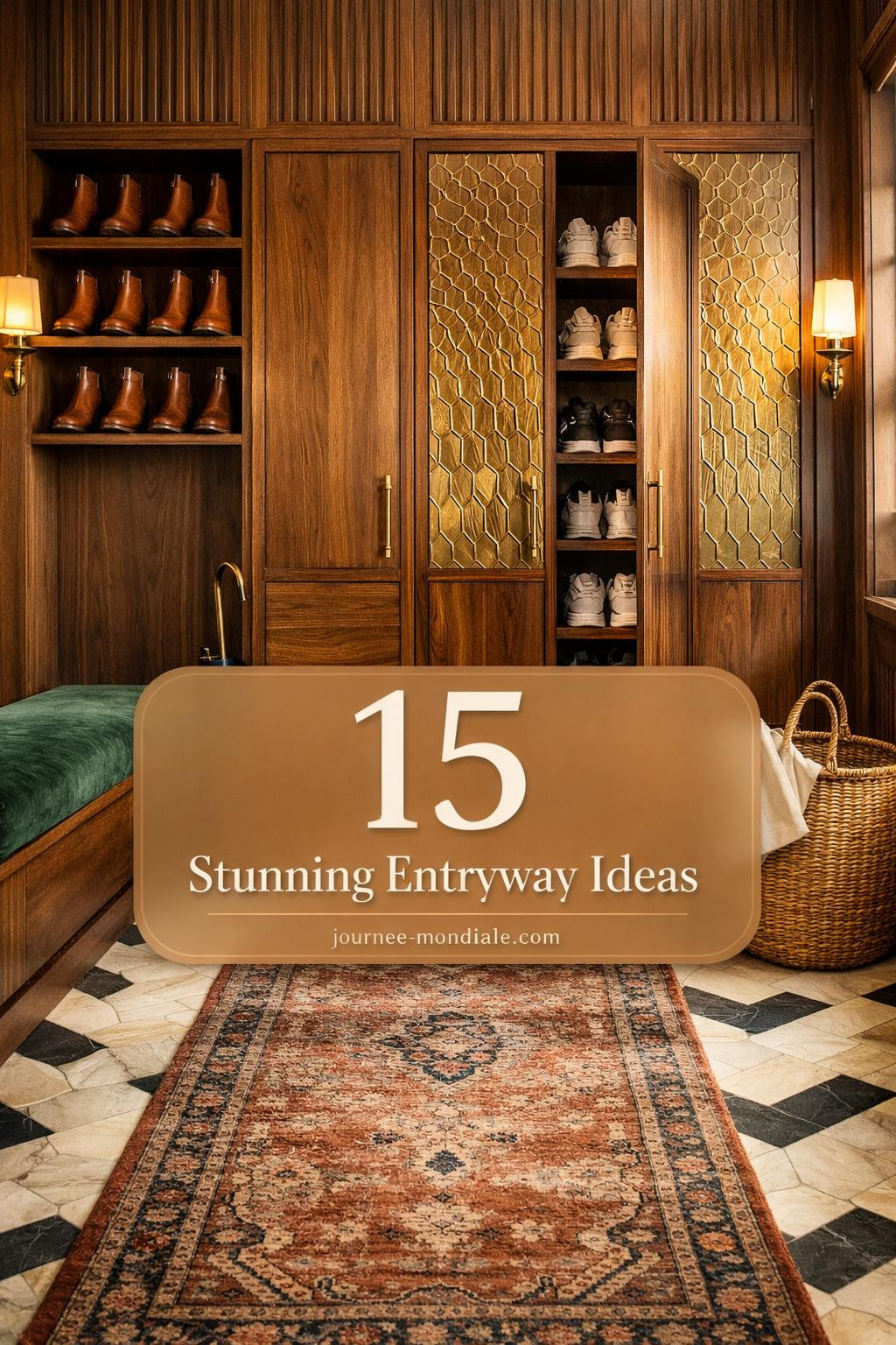 Sophisticated entryway featuring floor-to-ceiling walnut shoe cabinet with carved fluted panels, brass hardware, emerald velvet bench, honed Carrara marble hexagon floor, vintage Persian runner