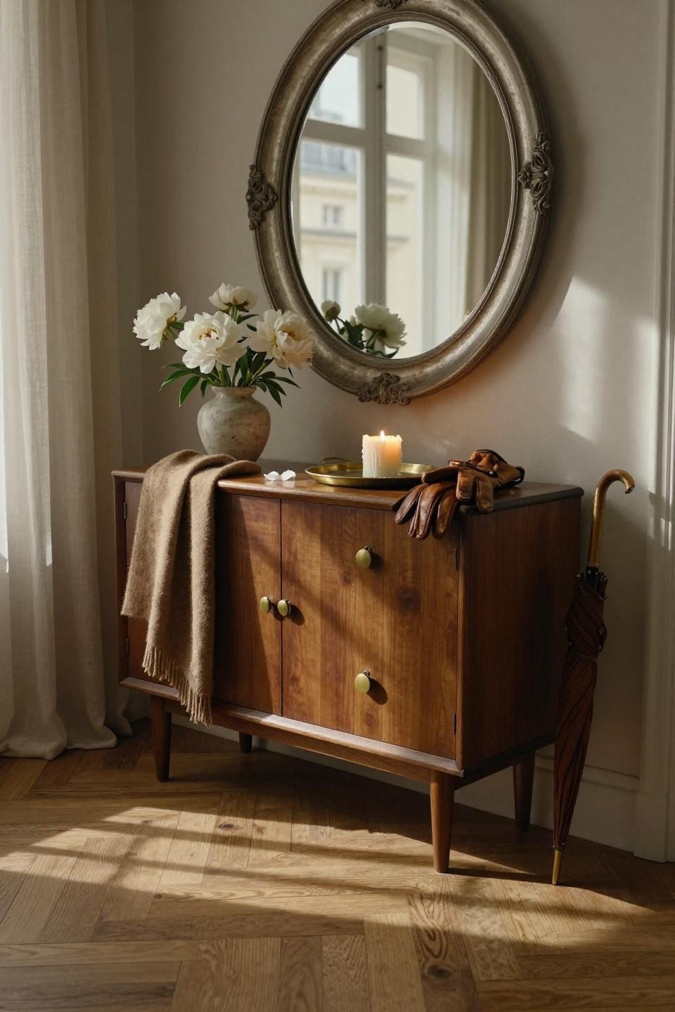 Entry Way Shoe Storage Ideas - mid-century walnut cabinet with circular mirror