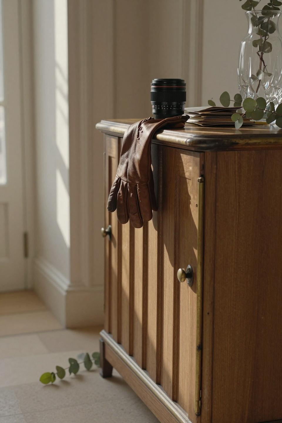 Shoes Cabinet Design Entrance Entryway - close-up of fluted oak panels with brass hardware