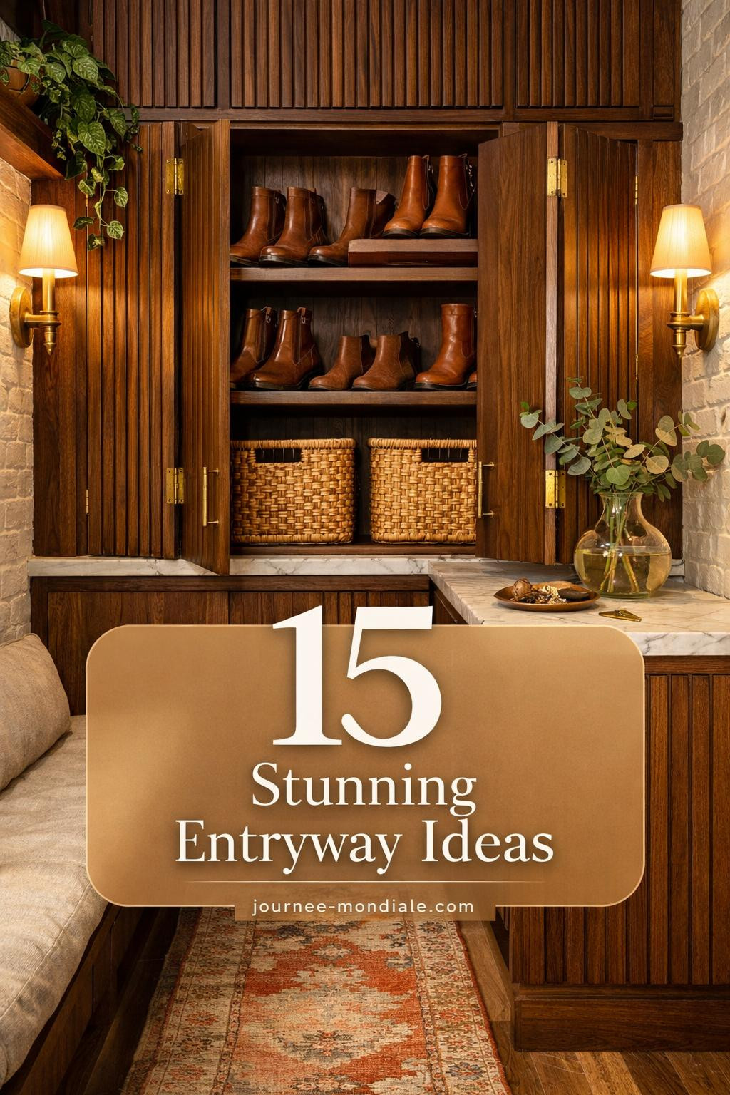 Sophisticated entryway with floor-to-ceiling walnut shoe storage cabinet featuring brass hardware, marble top, Persian runner, and organized leather boots inside