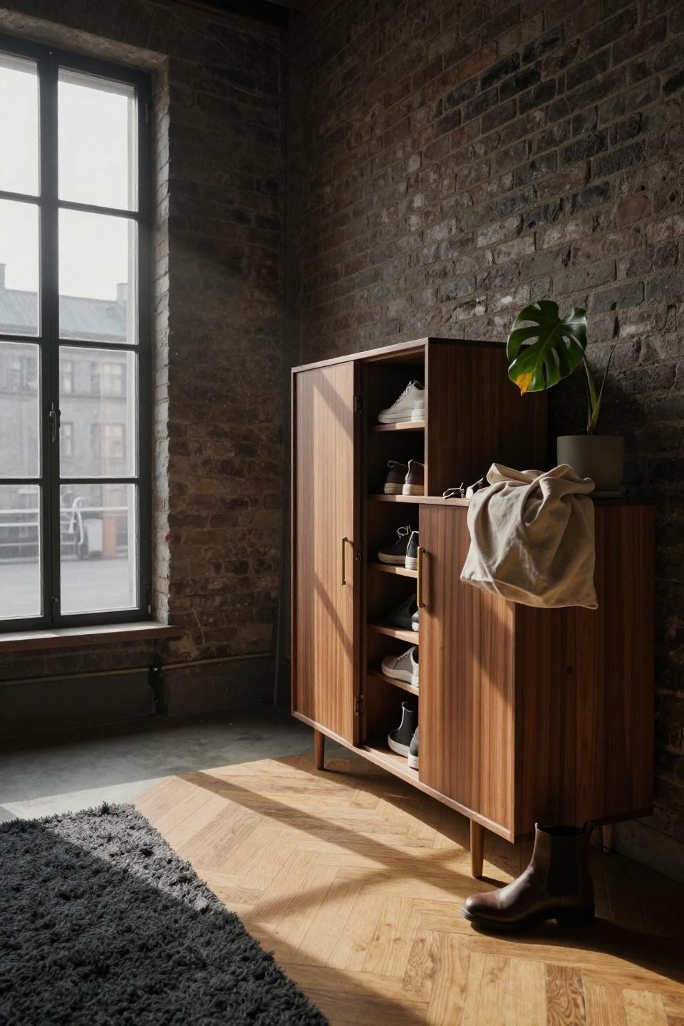 Entry Way Shoe Storage Ideas - floor-to-ceiling walnut with fluted slats